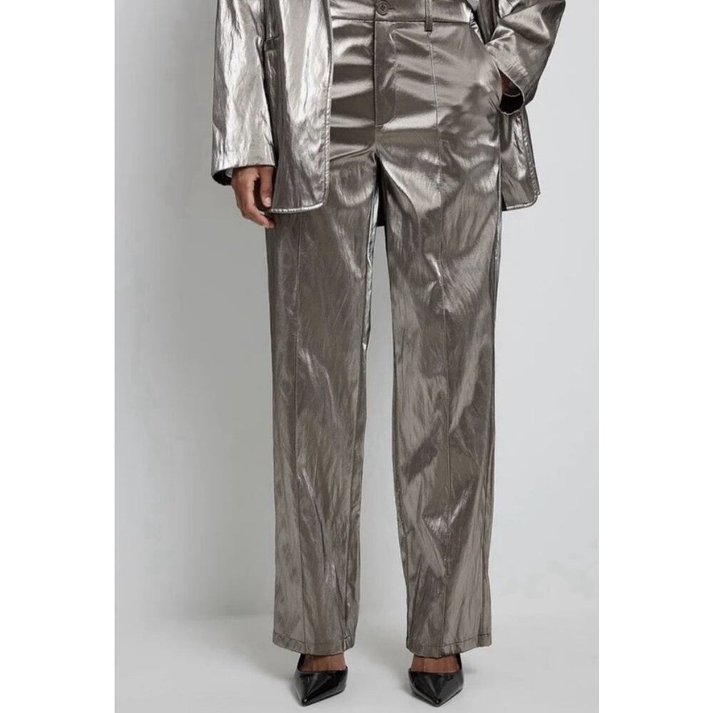 NA-KD Silver Loose Straight Dress Pants Button Zip Pockets Belt Loops Women 36